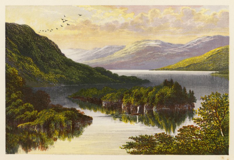 Paisajes de lagos escoceses: Loch Katrine (litografía en color) de Alexander Francis (after) Lydon