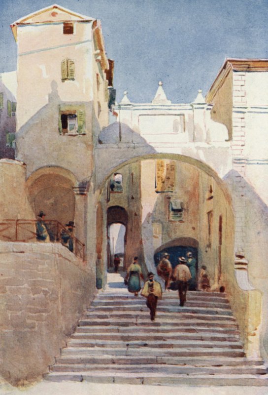 Mentone, casas antiguas (litografia en color) de Alexander Henry Hallam Murray
