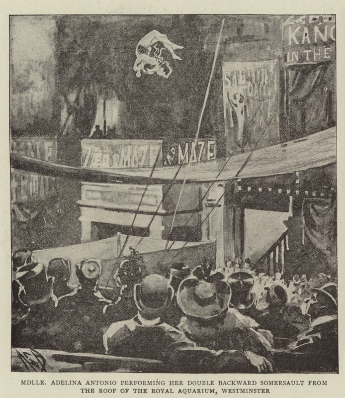 Mademoiselle Adelina Antonio realizando su Doble Salto Mortal hacia Atrás desde el Techo del Royal Aquarium, Westminster de Alexander Stuart Boyd