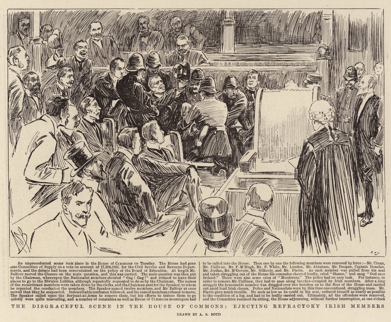 La escena vergonzosa en la Cámara de los Comunes, expulsando a los miembros irlandeses rebeldes de Alexander Stuart Boyd