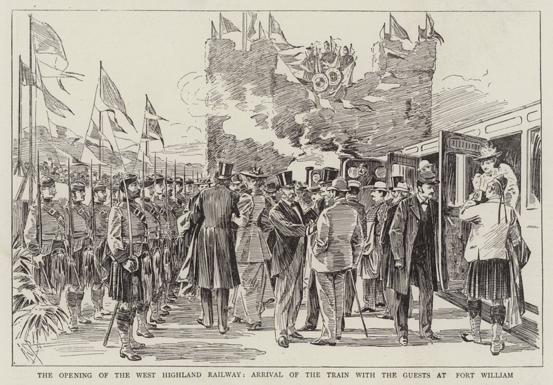 La inauguración del Ferrocarril de las Tierras Altas del Oeste, llegada del tren con los invitados a Fort William de Alexander Stuart Boyd