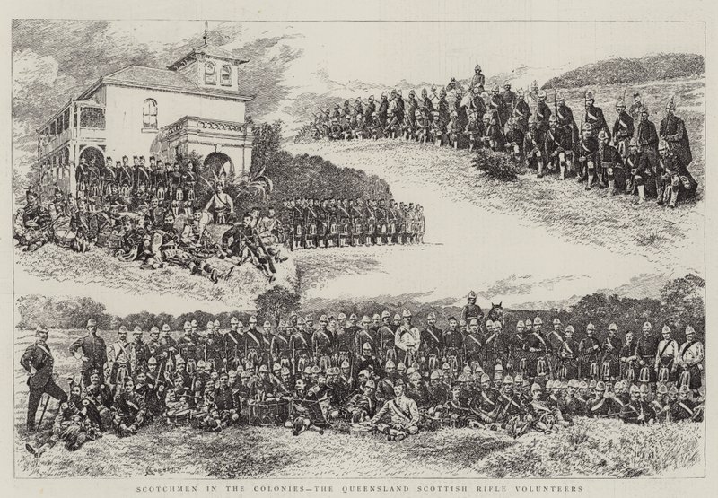 Escoceses en las colonias, los voluntarios de rifles escoceses de Queensland de Alfred Chantrey Corbould