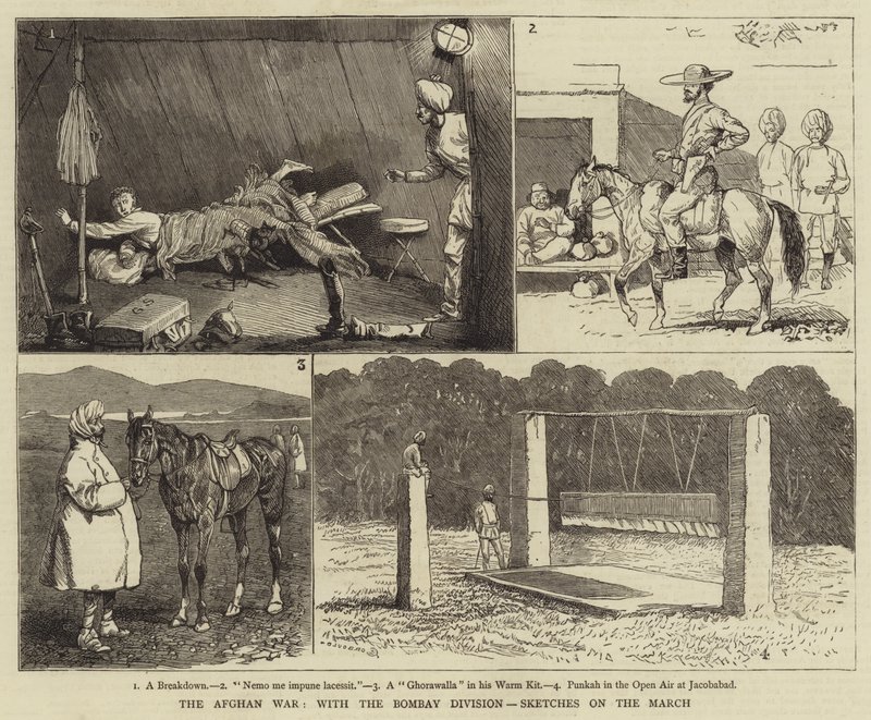 La guerra afgana, con la División de Bombay, bocetos en la marcha de Alfred Chantrey Corbould