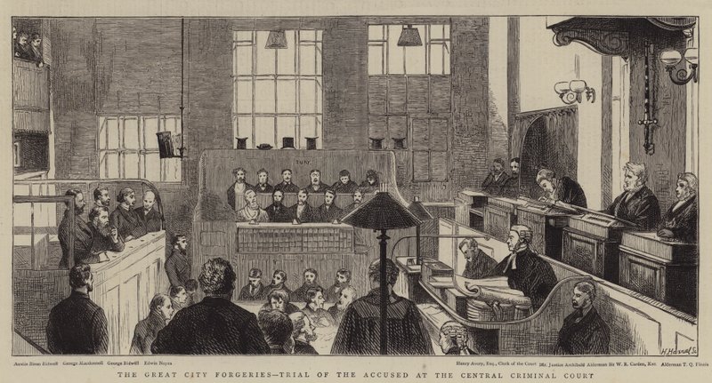 Las grandes falsificaciones de la ciudad, juicio de los acusados en el Tribunal Penal Central de Alfred Chantrey Corbould