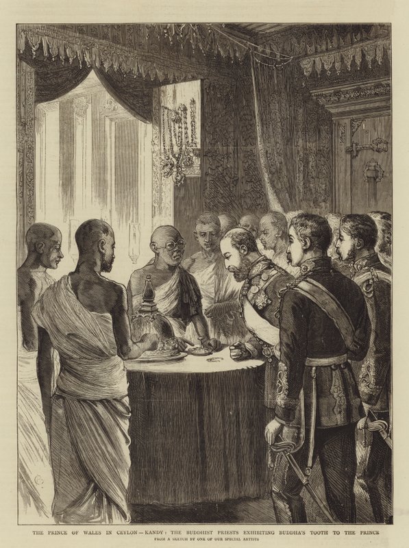 El Príncipe de Gales en Ceilán, Kandy, los sacerdotes budistas exhibiendo el diente de Buda al Príncipe de Alfred Chantrey Corbould