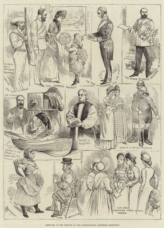 Bocetos en la inauguración de la Exposición Internacional de Pesca de Alfred Courbould