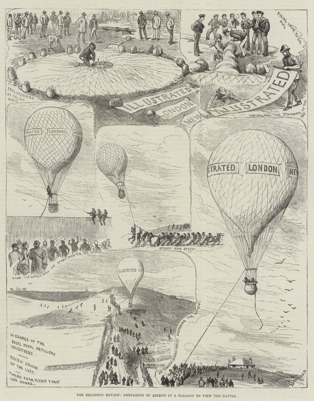 La revisión de Brighton, preparándose para ascender en un globo para ver la batalla de Alfred Courbould