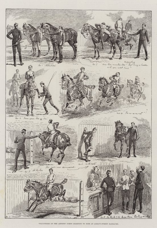 Voluntarios del Cuerpo de Artistas aprendiendo a montar en los Barracones de Albany-Street de Alfred Courbould