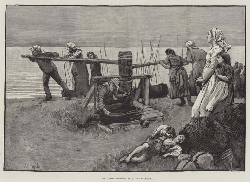 La Tormenta que se Acerca, recogiendo los Barcos de Alfred Edward Emslie