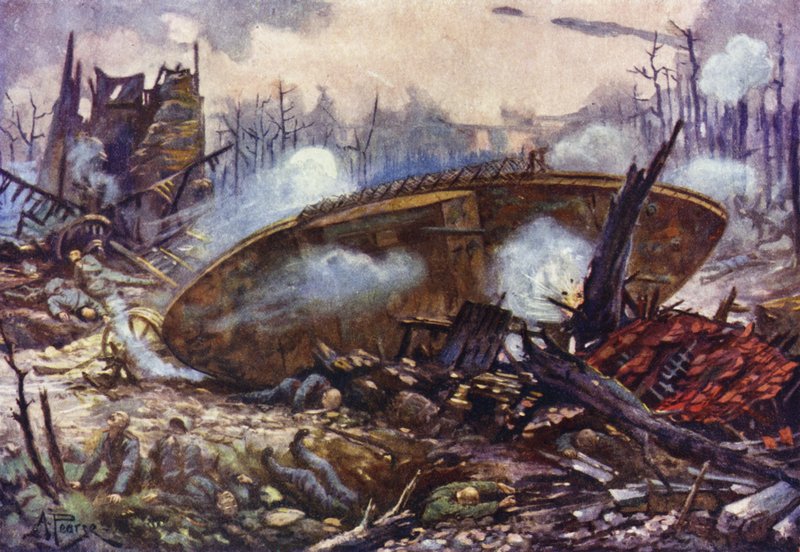 Capitán Arthur Inglis, del Regimiento de Gloucester, llevando su tanque hacia adelante sobre un terreno muy difícil después de que una de sus ruedas fuera volada, Primera Guerra Mundial de Alfred Pearse
