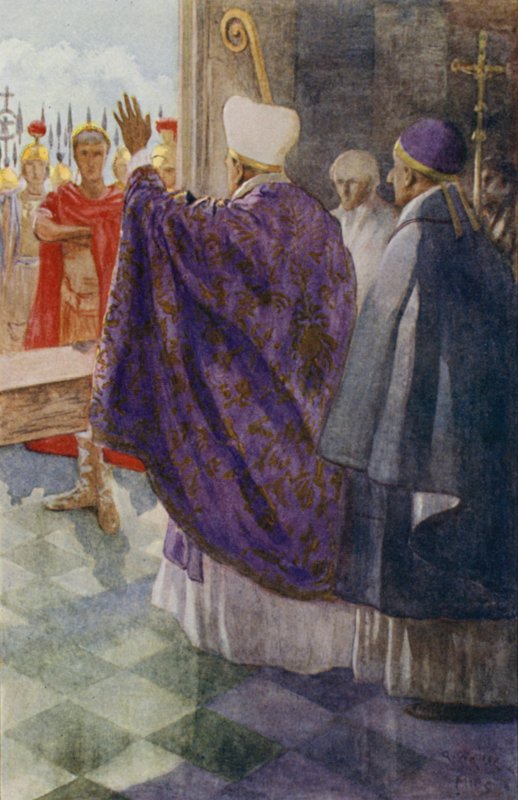 San Ambrosio impidiendo al Emperador Romano Teodosio entrar en la Catedral de Milán como castigo por la Masacre de Tesalónica en 390 de Alfred Wallis Mills