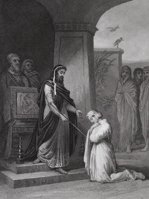 Ester ante el rey Asuero, Ester, cap. 15, v. 11 (grabado) de Alfred (after) Johannot