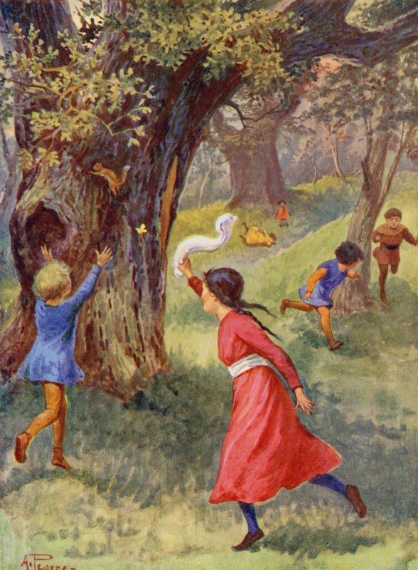 Merrie England: Niños jugando en el bosque de Sherwood (litografía en color) de Alfred (after) Pearse