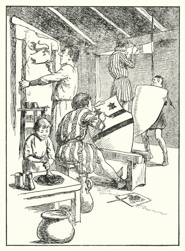 Merrie England: Pintar escudos y sobretodos (litografía) de Alfred (after) Pearse