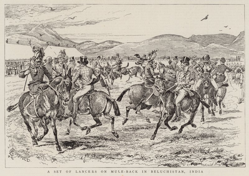 Un grupo de lanceros a lomos de mulas en Beluchistán, India de Alfred Chantrey Corbould