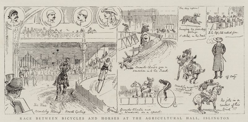 Carrera entre bicicletas y caballos en el Agricultural Hall, Islington de Alfred Chantrey Corbould