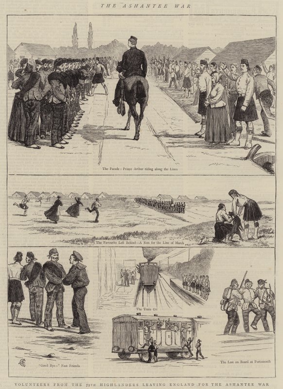 La guerra Ashantee, voluntarios de los Highlanders 79º dejando Inglaterra para la guerra Ashantee de Alfred Chantrey Corbould