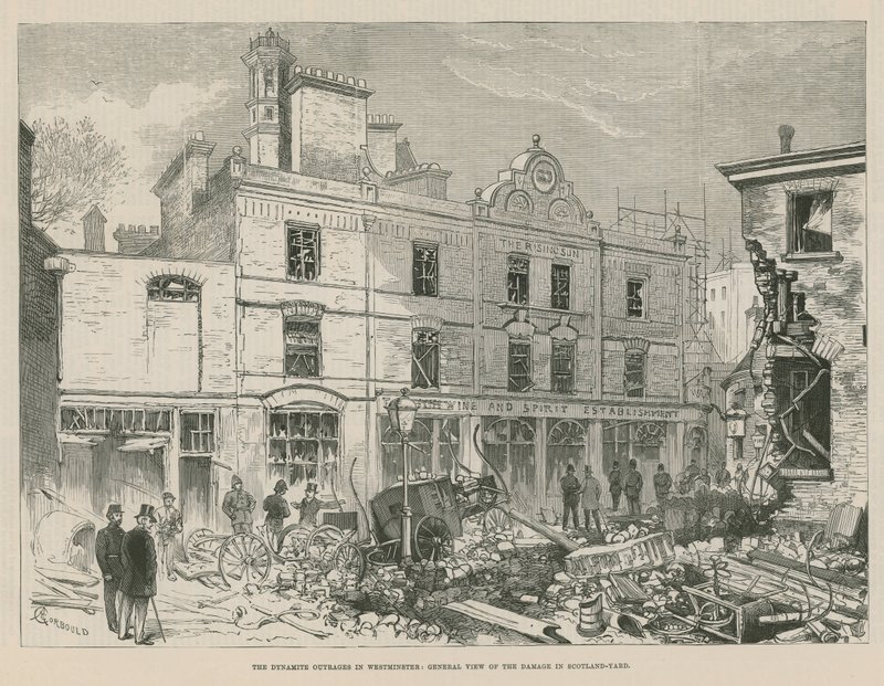 Los atentados con dinamita en Westminster; Vista general del daño en Scotland Yard de Alfred Chantrey Corbould