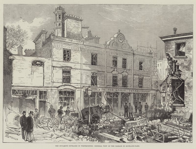 Los atentados con dinamita en Westminster, vista general del daño en Scotland-Yard de Alfred Courbould