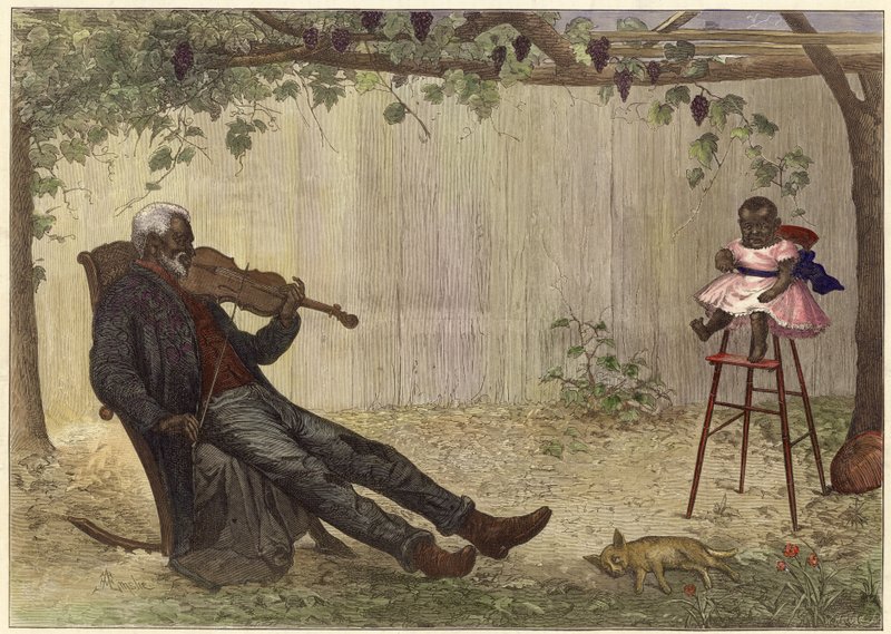 Viejo negro tocando el violín a un bebé (grabado en color) de Alfred Edward (after) Emslie