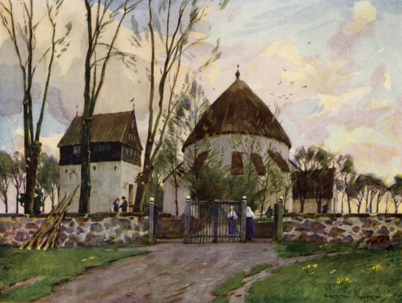 Dinamarca: Bornholm, Iglesia de Osterlars (litografia en color) de Alfred Heaton Cooper