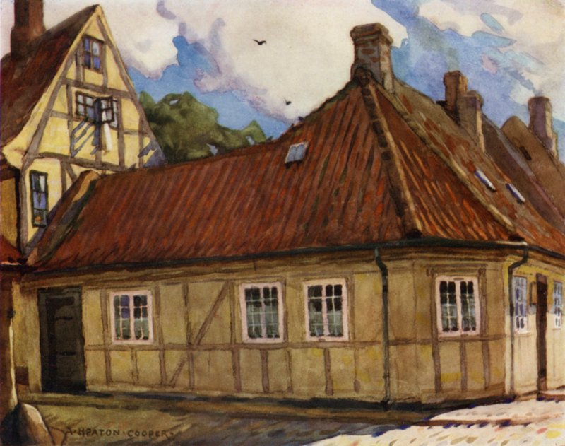 Dinamarca: Odense, el lugar de nacimiento de Hans Andersen (litografia en color) de Alfred Heaton Cooper