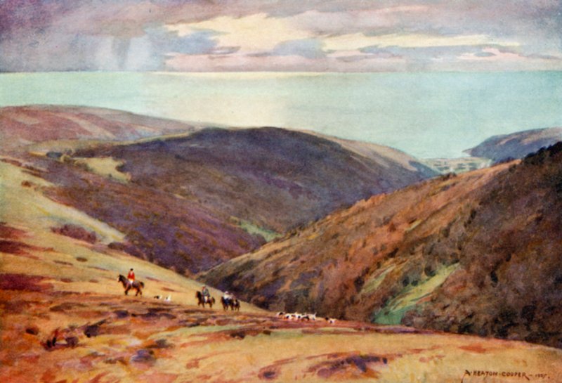 Caza del ciervo rojo en Exmoor, Valle de Porlock de Alfred Heaton Cooper