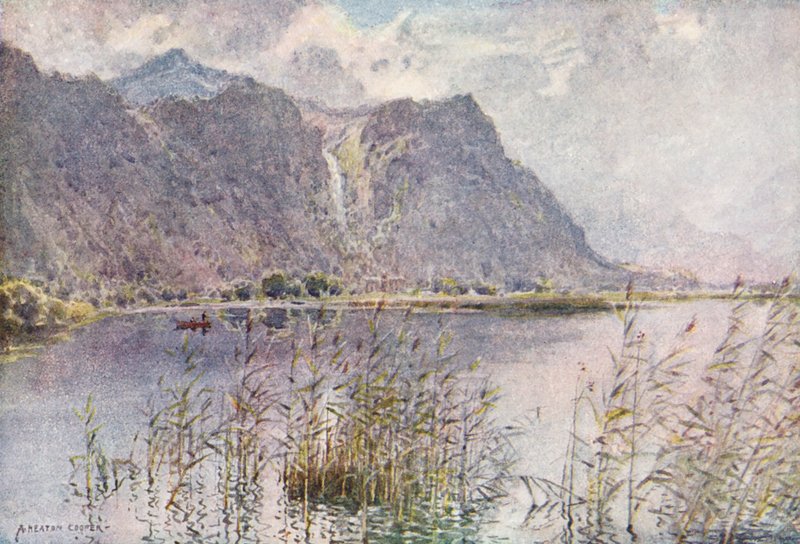 Distrito de los Lagos: Lodore y Derwentwater, una mañana de verano (litografía en color) de Alfred Heaton Cooper