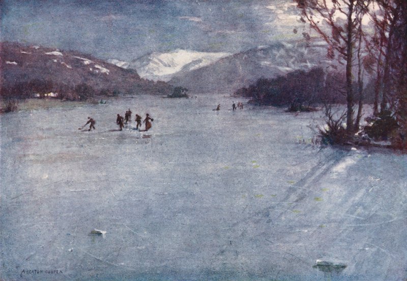 Distrito de los Lagos: Cerca del ferry, Windermere, patinando a la luz de la luna (litografía en color) de Alfred Heaton Cooper