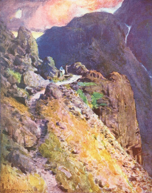 Distrito de los Lagos: Cerca de la cima de Styhead Pass, Wastdale (litografía en color) de Alfred Heaton Cooper