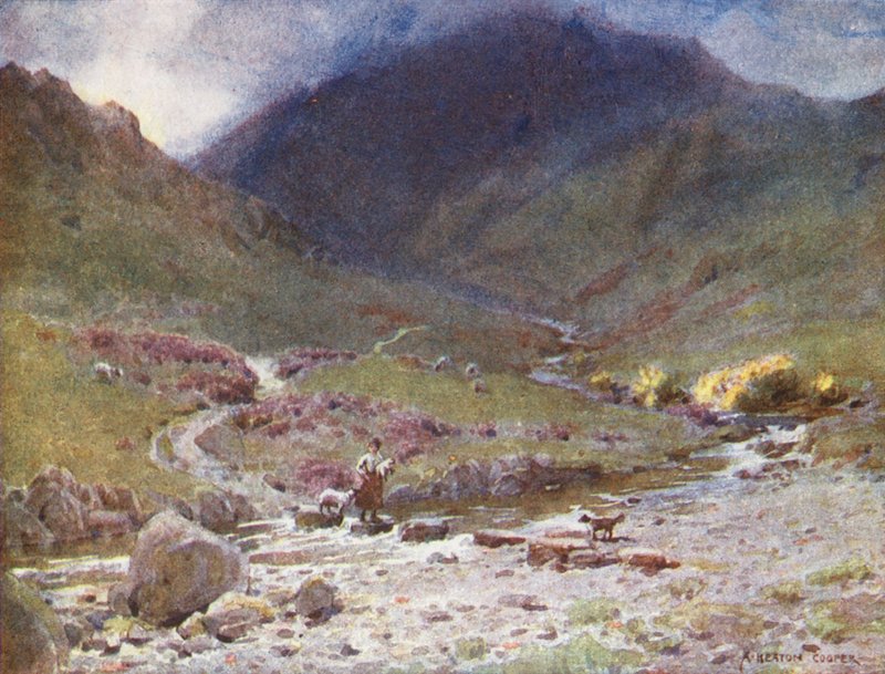 Distrito de los Lagos: Stepping-stones, Far Easedale, Grasmere (litografía en color) de Alfred Heaton Cooper