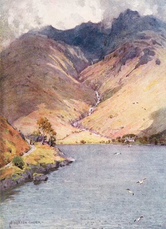 Distrito de los Lagos: Wastwater y Scawfell (litografía en color) de Alfred Heaton Cooper