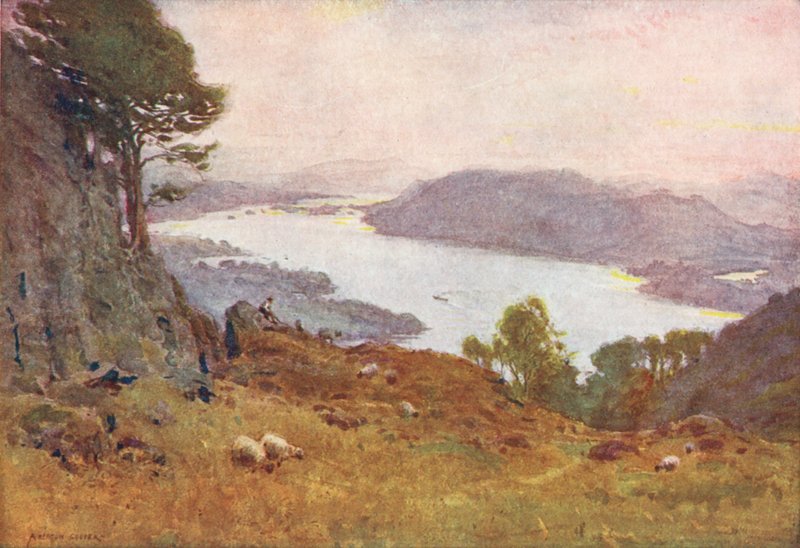 Distrito de los Lagos: Windermere desde Wansfell, puesta de sol (litografía en color) de Alfred Heaton Cooper