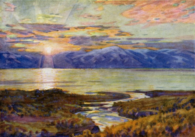 Sol de medianoche sobre el lago Torne Trask, desde Abisko de Alfred Heaton Cooper