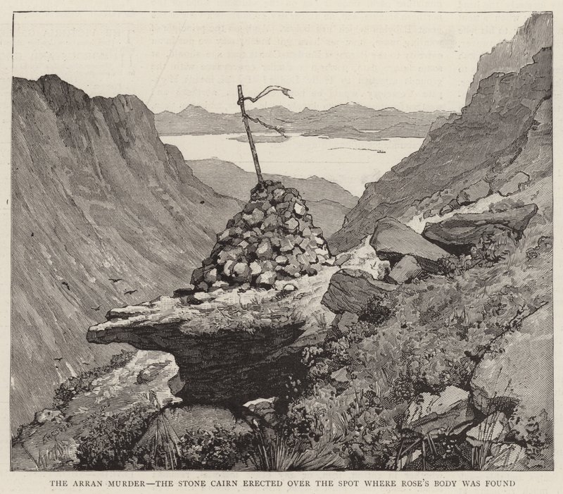 El asesinato de Arran, el Cairn de piedra erigido sobre el lugar donde se encontró el cuerpo de Rose de Alfred Heaton Cooper
