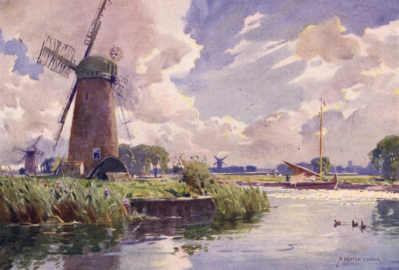 Molinos de viento en el Thurne, Norfolk de Alfred Heaton Cooper