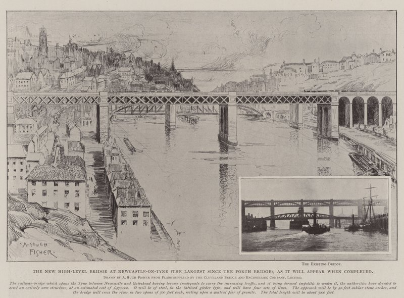 El nuevo puente de alto nivel en Newcastle-on-Tyne (el más grande desde el puente Forth), como aparecerá cuando esté terminado de Alfred Hugh Fisher