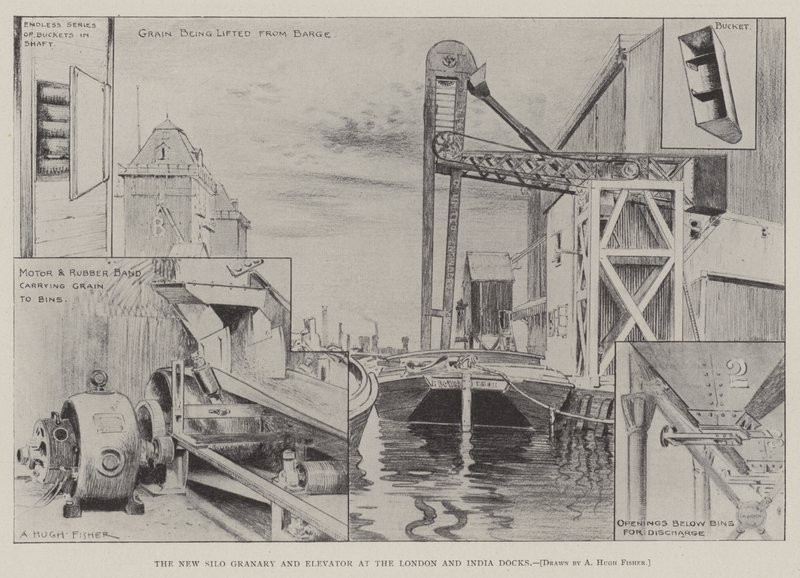 El nuevo silo granero y elevador en los muelles de Londres e India de Alfred Hugh Fisher