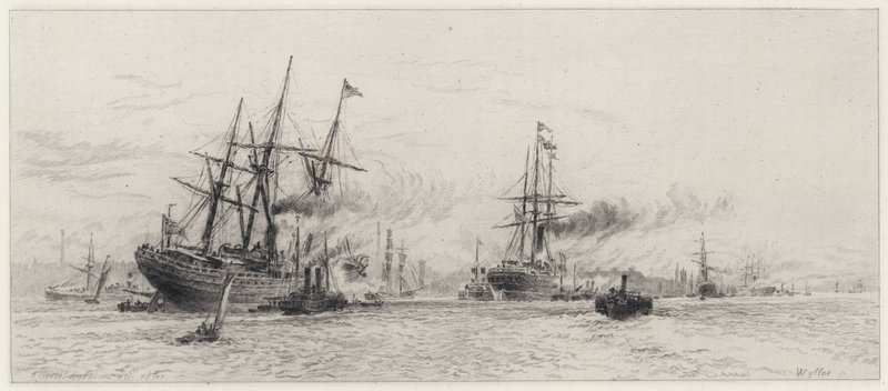 Embarcaciones en el Mersey (grabado) de Alfred Louis Brunet Debaines