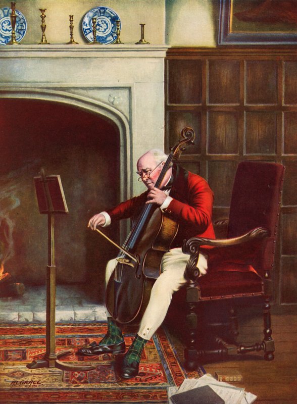 Un pasaje difícil - hombre practicando el violonchelo frente al fuego (litografía en color) de Alfred Lyndon Grace