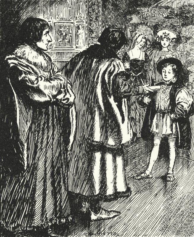 Erasmo observando a Sir Thomas More presentando un poema que había escrito al joven príncipe Enrique, futuro rey Enrique VIII de Alfred Wallis Mills