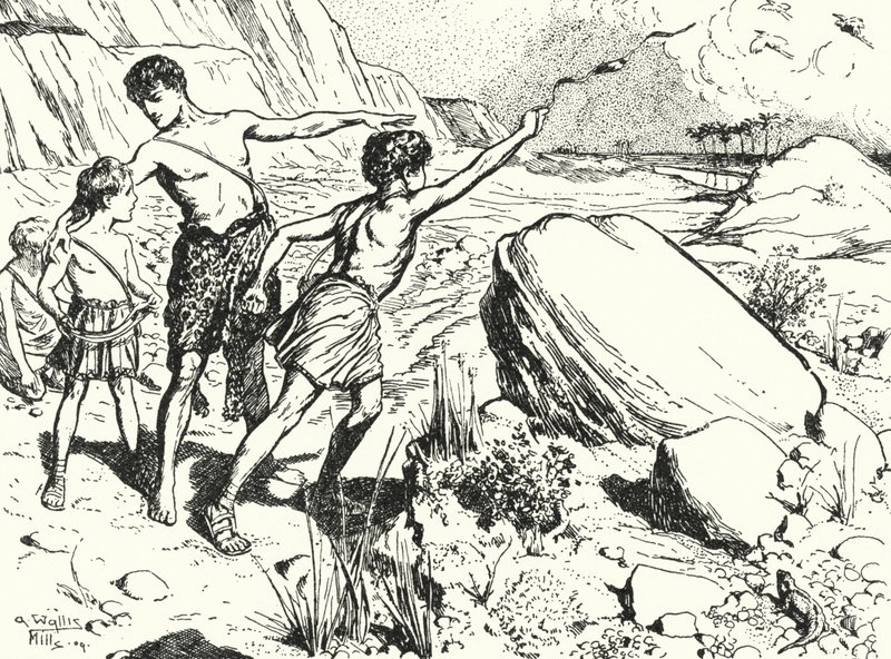 Aníbal y sus hermanos aprendiendo a lanzar piedras con una honda de Alfred Wallis Mills