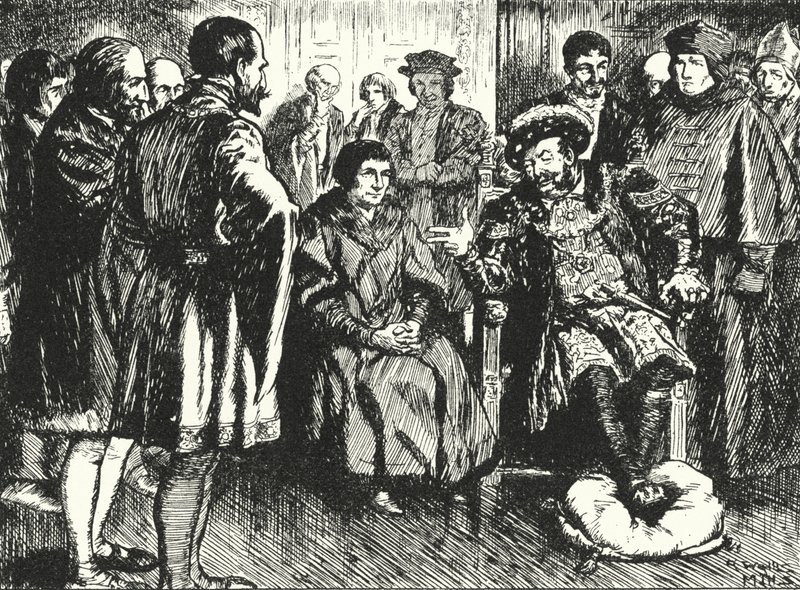 Sir Thomas More en la corte de Enrique VIII, resistiendo los intentos del rey de hacerle decir algo para divertirlo de Alfred Wallis Mills