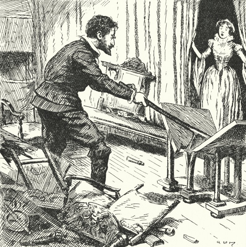 La esposa del alfarero francés Bernard Palissy mirando con horror mientras él destroza sus muebles para usarlos como combustible para sus hornos de Alfred Wallis Mills