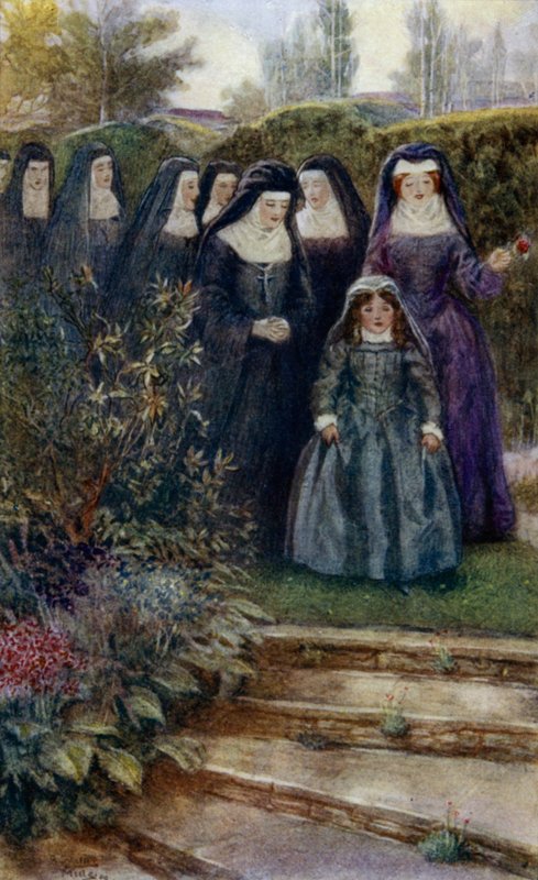 La joven Marie-Angelique Arnauld caminando en el jardín del convento con sus monjas de Alfred Wallis Mills