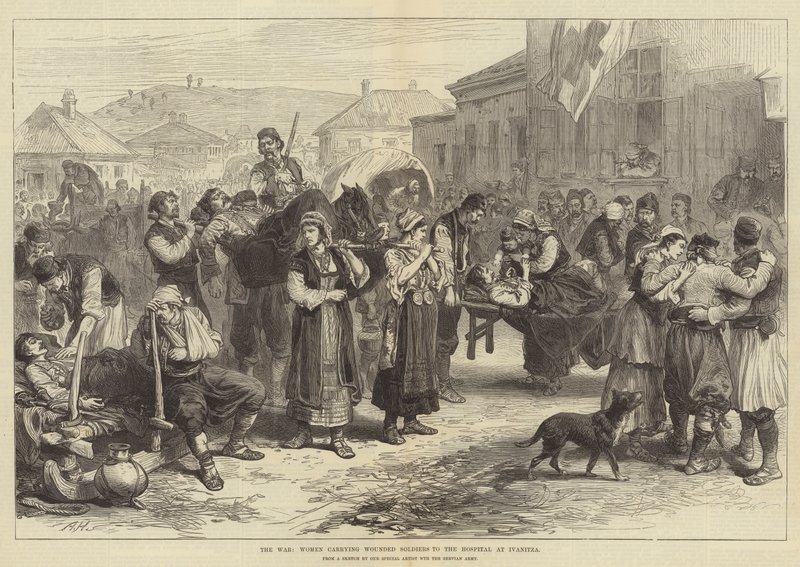 La guerra, mujeres llevando soldados heridos al hospital en Ivanitza de Alfred William Hunt