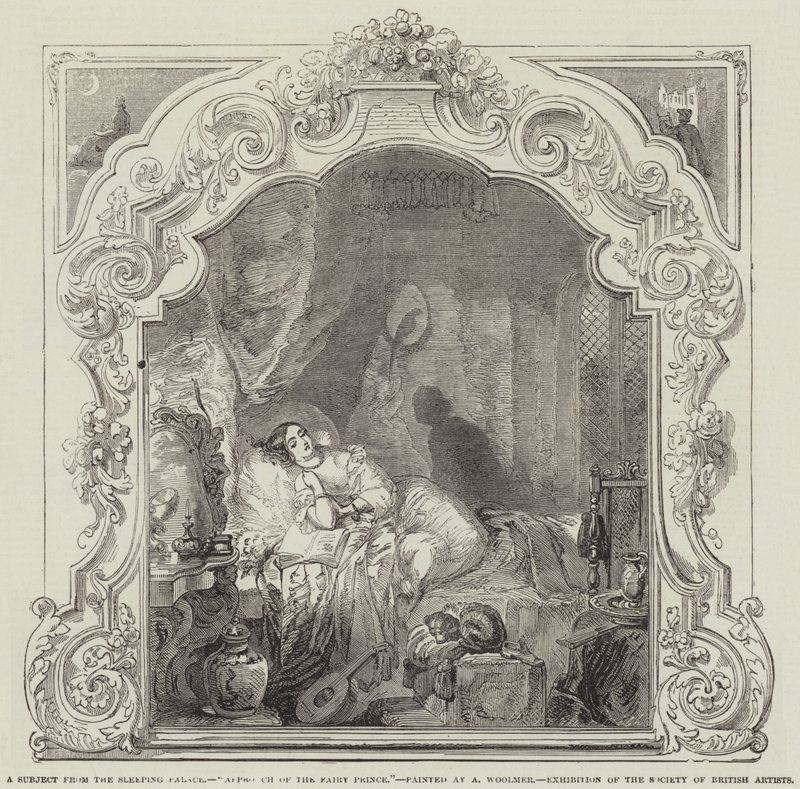 Un tema del Palacio Durmiente, Aproximación del Príncipe Hada, Exposición de la Sociedad de Artistas Británicos de Alfred Woolmer