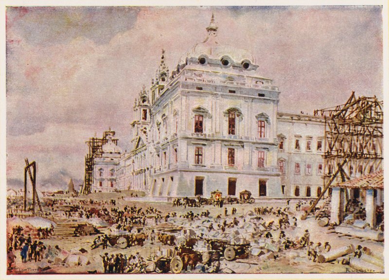 Construcción del Palacio-Convento de Mafra, Portugal (litografía en color) de Alfredo Roque Gameiro