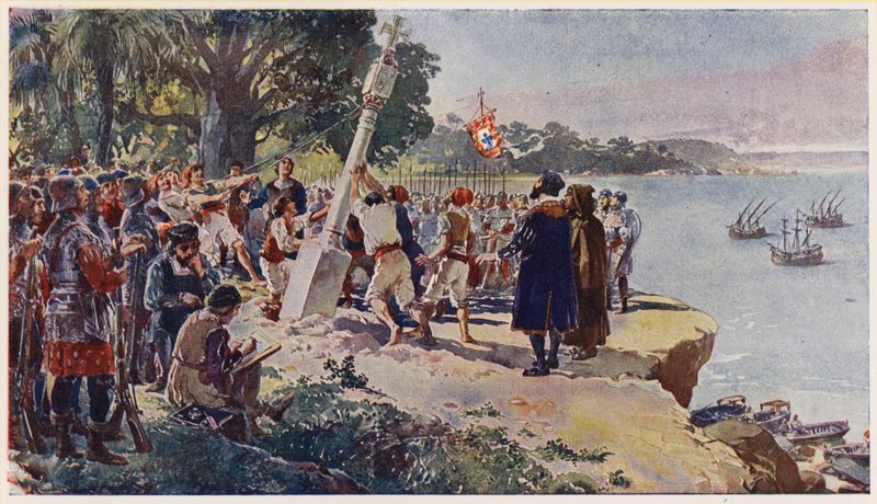 Portugueses levantando un pilar de piedra en la desembocadura del río Congo de Alfredo Roque Gameiro