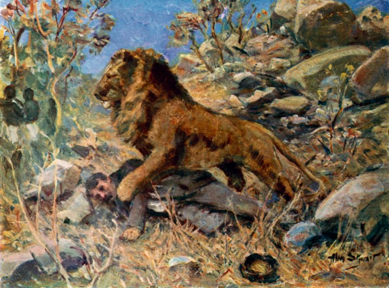 David Livingstone, Livingstone y el león (litografía en color) de Allan (after) Stewart
